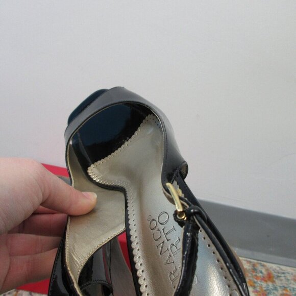 Franco Sarto Square-Toe Wood Heel Sandals Women 7.5 Black Patent Leather y2k 332 - Picture 11 of 12